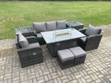 Fimous Wicker Rattan Garden Furniture Sofa Set Gas Fire Pit Dining Table Indoor Outdoor with 2 Side Table Chair Footstool