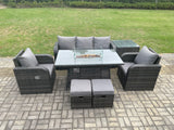 Fimous Outdoor Rattan Garden Furniture Set Propane Gas Fire Pit Table Burner with Lounge Sofa Side Tables 2 Small Footstool