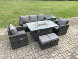 Fimous Outdoor Rattan Garden Furniture Set Propane Gas Fire Pit Table Burner with Lounge Sofa Side Tables 2 Small Footstool