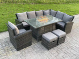 Fimous High Back Rattan Garden Furniture Sets Gas Fire Pit Dining Table Gas Heater Set Right Corner Sofa Small Footstools Chair 9 Seater