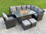 Fimous High Back Rattan Garden Furniture Sets Gas Fire Pit Dining Table Gas Heater Set Right Corner Sofa Small Footstools Chair 9 Seater