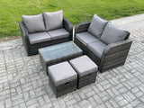 Fimous Rattan Garden Furniture Set 6 Seater Patio Outdoor Lounge Sofa Set with Rectangular Coffee Table 2 Small Footstools Dark Grey Mixed