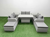 Fimous  8 Seater PE Wicker Rattan Furniture Sofa Sets with Adjustable Lifting Dining or Coffee Table 2 Seater Love Sofa 2 Big Footstool 2 Side Table Light Grey