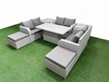 Fimous  8 Seater PE Wicker Rattan Furniture Sofa Sets with Adjustable Lifting Dining or Coffee Table 2 Seater Love Sofa 2 Big Footstool 2 Side Table Light Grey