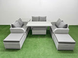 Fimous  8 Seater PE Wicker Rattan Furniture Sofa Sets with Adjustable Lifting Dining or Coffee Table 2 Seater Love Sofa 2 Big Footstool Side Table Light Grey