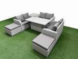 Fimous  8 Seater PE Wicker Rattan Furniture Sofa Sets with Adjustable Lifting Dining or Coffee Table 2 Seater Love Sofa 2 Big Footstool Side Table Light Grey