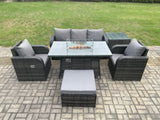 Fimous Patio Outdoor Rattan Garden Furniture Set Propane Gas Fire Pit Table Burner with Lounge Sofa Side Table Footstool
