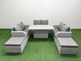 Fimous  8 Seater PE Wicker Rattan Furniture Sofa Sets with Adjustable Lifting Dining or Coffee Table 2 Seater Love Sofa 2 Big Footstool Light Grey