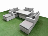 Fimous  8 Seater PE Wicker Rattan Furniture Sofa Sets with Adjustable Lifting Dining or Coffee Table 2 Seater Love Sofa 2 Big Footstool Light Grey