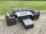 Fimous Patio Outdoor Rattan Garden Furniture Set Propane Gas Fire Pit Table Burner with Lounge Sofa Side Table Footstool