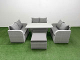 Fimous  7 Seater PE Wicker Rattan Furniture Sofa Sets with Adjustable Lifting Dining or Coffee Table 2 Seater Love Sofa Big Footstool Light Grey