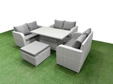 Fimous  7 Seater PE Wicker Rattan Furniture Sofa Sets with Adjustable Lifting Dining or Coffee Table 2 Seater Love Sofa Big Footstool Light Grey