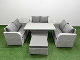Fimous  7 Seater PE Wicker Rattan Furniture Sofa Sets with Adjustable Lifting Dining or Coffee Table 2 Seater Love Sofa Big Footstool Side Table Light Grey