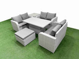 Fimous  7 Seater PE Wicker Rattan Furniture Sofa Sets with Adjustable Lifting Dining or Coffee Table 2 Seater Love Sofa Big Footstool Side Table Light Grey