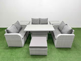 Fimous  7 Seater PE Wicker Rattan Furniture Sofa Sets with Adjustable Lifting Dining or Coffee Table 2 Seater Love Sofa Big Footstool 2 Side Table Light Grey