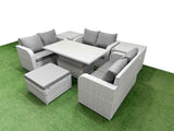 Fimous  7 Seater PE Wicker Rattan Furniture Sofa Sets with Adjustable Lifting Dining or Coffee Table 2 Seater Love Sofa Big Footstool 2 Side Table Light Grey