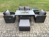 Fimous Rattan Outdoor Garden Furniture Set Gas Fire Pit Dining Table with Side Table Chair Love seat Sofa Footstool