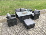 Fimous Rattan Outdoor Garden Furniture Set Gas Fire Pit Dining Table with Side Table Chair Love seat Sofa Footstool