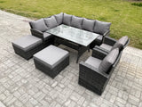 Fimous 10 Seater Outdoor Rattan Garden Furniture Set with Rectangular Dining Table 2 Big Footstool 2 Armchiars Patio Wicker Corner Sofa Set Dark Grey Mixed