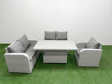 Fimous High Back Poly Rattan Garden Furniture Set with Reclining Chair Loveseat Sofa Adjustable Lifting Dining or Coffee Table Indoor Outdoor Patio  Set Light Grey