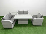Fimous High Back Poly Rattan Garden Furniture Set with Reclining Chair Loveseat Sofa Adjustable Lifting Dining or Coffee Table Indoor Outdoor Patio  Set Side Table Light Grey