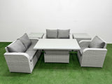 Fimous High Back Poly Rattan Garden Furniture Set with Reclining Chair Loveseat Sofa Adjustable Lifting Dining or Coffee Table Indoor Outdoor Patio  Set 2 Side Table Light Grey