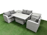 Fimous High Back Poly Rattan Garden Furniture Set with Reclining Chair Loveseat Sofa Adjustable Lifting Dining or Coffee Table Indoor Outdoor Patio  Set 2 Side Table Light Grey