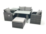 Fimous Outdoor Garden Furniture Set Rattan Sofa Dining Table Set with Reclining Chair Side Table Big Footstool Dark Grey Mixed