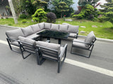 Fimous Aluminum Outdoor Garden Furniture Corner Sofa 3 Arm Chair Adjustable Rising Lifting Dining Table Set Dark Grey 10 Seater