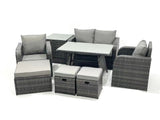 Fimous Outdoor Garden Furniture Set Rattan Sofa Dining Table Set with Reclining Chair 3 Footstool Side Table Dark Grey Mixed