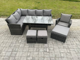 Fimous 10 Seater Outdoor Rattan Garden Furniture Set with Rectangular Dining Table 3 Footstool Armchiar Patio Wicker Corner Sofa Set Dark Grey Mixed