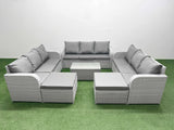 Fimous PE Rattan Lounge Sofa Set 11 Seater Outdoor Garden Furniture Set with Rectangular Coffee Table 3 Seater Sofa 2 Big Footstools Light Grey