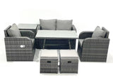 Fimous Outdoor Garden Furniture Set Rattan Sofa Dining Table Set with Reclining Chair Side Table 2 Small Footstool Dark Grey Mixed