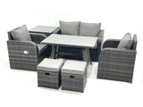 Fimous Outdoor Garden Furniture Set Rattan Sofa Dining Table Set with Reclining Chair Side Table 2 Small Footstool Dark Grey Mixed