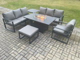 Fimous Aluminium 6 Pieces Garden Furniture Sofa Set with Cushions 8 Seater Gas Fire Pit Dining Table Set with Side Table Big Footstool Dark Grey