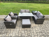 Fimous Rattan Outdoor Furniture Garden Dining Set Rectangular Table and Chair Sofa Set With Side Table Big Footstool Dark Grey Mixed