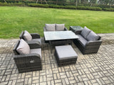 Fimous Rattan Outdoor Furniture Garden Dining Set Rectangular Table and Chair Sofa Set With Side Table Big Footstool Dark Grey Mixed