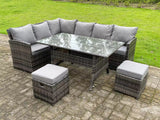 Fimous High Back Dark Mixed Grey Rattan Corner Sofa Set Outdoor Furniture Rectangular Dining Table 2 Small Footstools 8 Seater