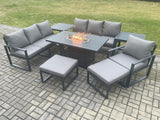 Fimous Aluminium 8 Pieces Garden Furniture Sofa Set with Cushions 9 Seater Gas Fire Pit Dining Table Set with 2 Side Tables 2 Big Footstools Dark Grey