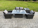Fimous Outdoor Garden Dining Sets 4 Seater Rattan Patio Furniture Sofa Set with Rising Lifting Table Side Table Dark Grey Mixed