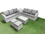 Fimous Outdoor Garden Furniture Sets 8 Seater Wicker Rattan Furniture Sofa Sets with Rectangular Coffee Table high Back Lounge Sofa Stools Side Table Light Grey