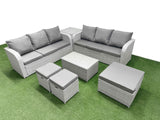 Fimous Outdoor Garden Furniture Sets 9 Seater Wicker Rattan Furniture Sofa Sets with Rectangular Coffee Table high Back Lounge Sofa 3 Stools Side Table Light Grey