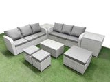 Fimous Outdoor Garden Furniture Sets 9 Seater Wicker Rattan Furniture Sofa Sets with Rectangular Coffee Table high Back Lounge Sofa 3 Stools 2 Side Table Light Grey