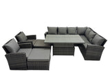Fimous 10 Seat Rattan Garden Furniture Corner Sofa Set Outdoor Adjustable Lifting Dining or Coffee Table Set with 2 Big Footstools Dark Grey Mixed