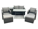 Fimous Outdoor Garden Furniture Set Rattan Sofa Dining Table Set with Reclining Chair 2 Big Footstool Side Table Dark Grey Mixed
