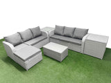 Fimous Outdoor Garden Furniture Sets 7 Seater Wicker Rattan Furniture Sofa Sets with Rectangular Coffee Table high Back Lounge Sofa Big Footstool 2 Side Table Light Grey
