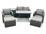 Fimous Outdoor Garden Furniture Set Rattan Sofa Dining Table Set with Reclining Chair 2 Big Footstool Side Table Dark Grey Mixed
