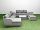 Fimous Outdoor Garden Furniture Sets 8 Seater Wicker Rattan Furniture Sofa Sets with Rectangular Coffee Table high Back Lounge Sofa 2 Big Footstool 2 Side Table Light Grey