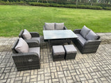 Fimous 8 Seater Lounge Rattan Sofa Set Outdoor Garden Furniture Oblong Rectangular Dining Table With Chairs 2 Small Footstools Dark Grey Mixed