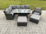 Fimous Outdoor Garden Furniture Set Wicker PE Rattan Height Adjustable Rising Lifting Table Sofa Dining Set with 2 Big Footstool Armchair Dark Grey Mixed